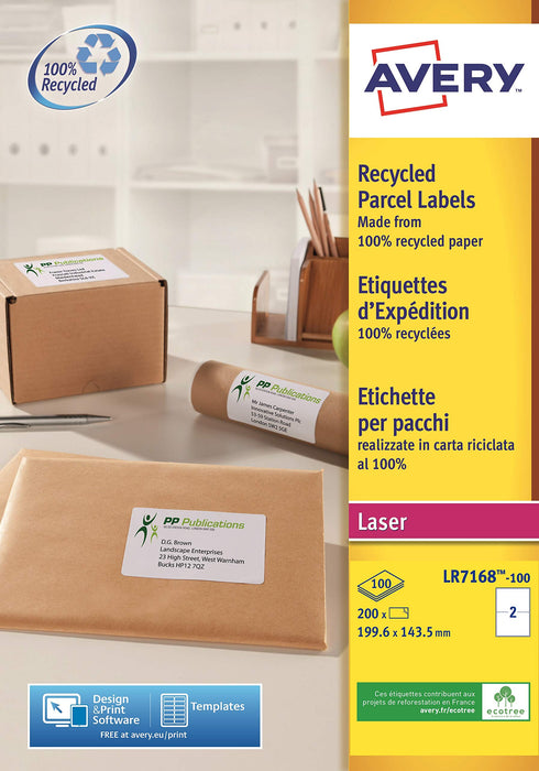 Best Value Avery Self Adhesive Recycled Parcel Shipping Labels, Laser Printers, 2 Labels Per A4 Sheet, 200 labels, QuickPEEL, White