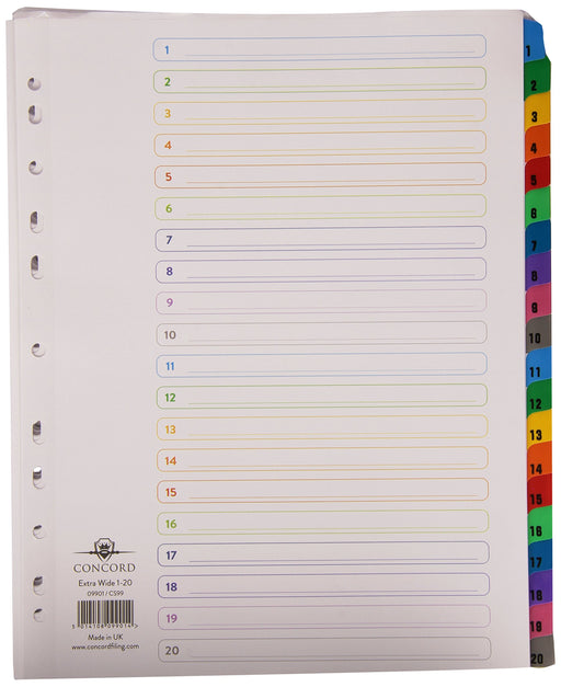 Best Value Concord Punched Pocket Index Multicolour-tabbed Europunched 1-20 Extra Wide A4 White Ref CS99