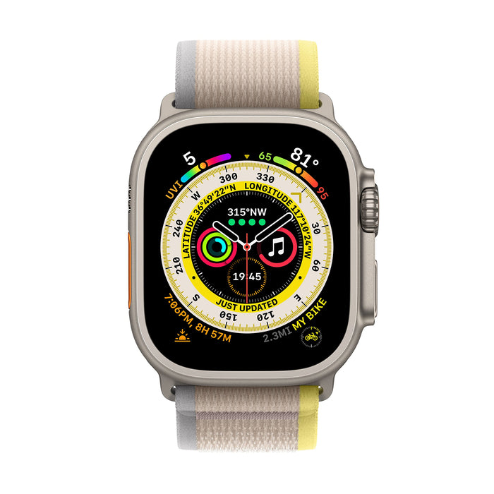 Apple Watch Ultra - 49 mm - titanium - smart watch with Trail Loop - soft double-layer nylon - yellow/beige - band size: M/L - 32 GB - Wi-Fi, LTE, UWB, Bluetooth - 4G - 61.3 g