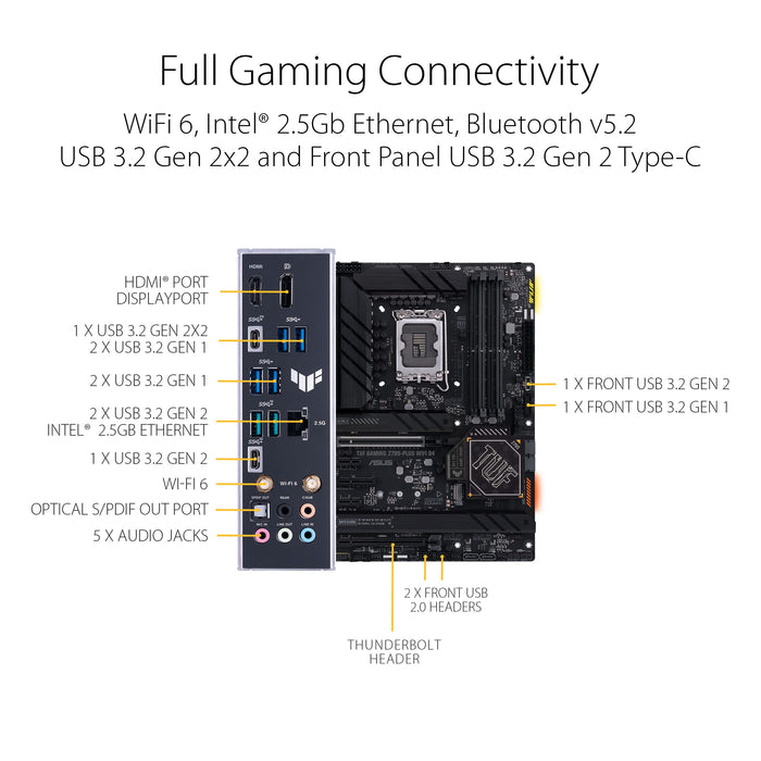 ASUS TUF Gaming Z790-Plus WiFi D4 - Motherboard - ATX - LGA1700 Socket - Z790 Chipset - USB 3.2 Gen 1, USB 3.2 Gen 2, USB-C 3.2 Gen2, USB-C 3.2 Gen 2x2 - 2.5 Gigabit LAN, Wi-Fi 6, Bluetooth - onboard graphics (CPU required) - HD Audio (8-channel)