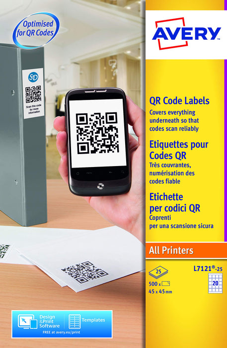 Best Value Avery L7121-25 QR Code Labels (A4 Sheets of 45 x 45 mm, 20 Labels per Sheet, 25 Sheets) - White