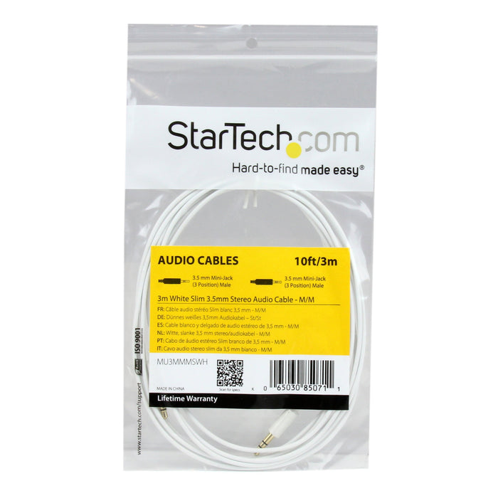 Best Value StarTech.com 3m White Slim 3.5mm Stereo Audio Cable - 3.5mm Audio Aux Stereo - Male to Male Headphone Cable - 2x 3.5mm Mini Jack (M) White (MU3MMMSWH)