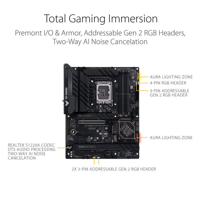 ASUS TUF Gaming Z790-Plus WiFi D4 - Motherboard - ATX - LGA1700 Socket - Z790 Chipset - USB 3.2 Gen 1, USB 3.2 Gen 2, USB-C 3.2 Gen2, USB-C 3.2 Gen 2x2 - 2.5 Gigabit LAN, Wi-Fi 6, Bluetooth - onboard graphics (CPU required) - HD Audio (8-channel)