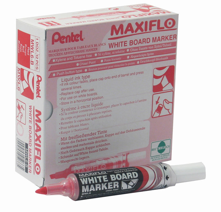 Best Value Pentel Maxiflo Dry Wipe Chisel Tip Marker - Red (Pack of 12)