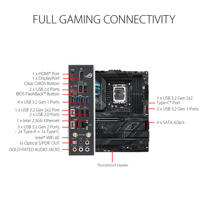 ASUS ROG Strix Z790-F Gaming WiFi - Motherboard - ATX - LGA1700 Socket - Z790 Chipset - USB 3.2 Gen 1, USB 3.2 Gen 2, USB-C 3.2 Gen2, USB-C 3.2 Gen 2x2 - 2.5 Gigabit LAN, Wi-Fi 6, Bluetooth - onboard graphics (CPU required) - HD Audio (8-channel)