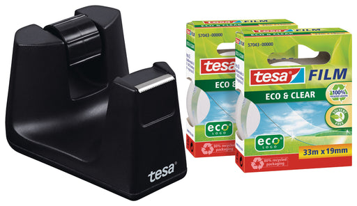 Best Value tesafilm Desk Dispenser for Adhesive Tape- Black includes 2 rolls of tesafilm Eco and Clear 33 m x 19 mm