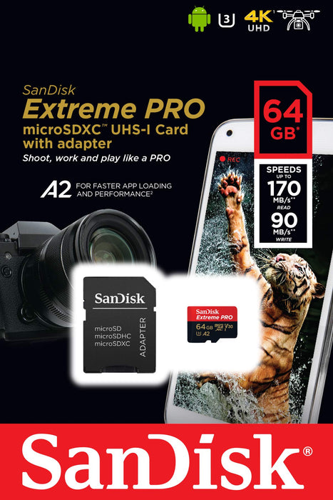 Best Value SanDisk Extreme Pro 64 GB microSDXC Memory Card + SD Adapter with A2 App Performance + Rescue Pro Deluxe 170 MB/s Class 10, UHS-I, U3, V30