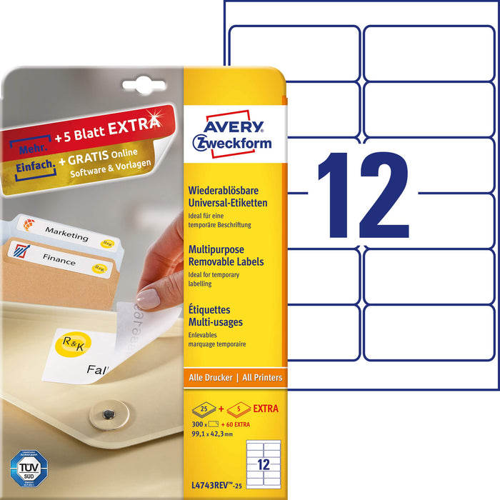 Best Value Avery L4743REV-25 Self-Adhesive Removable Labels, 12 Labels Per A4 Sheet