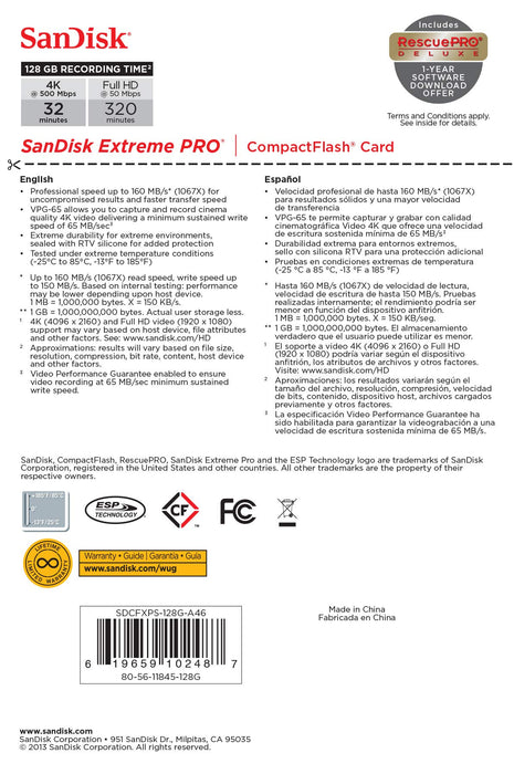 Best Value SanDisk Extreme Pro 128 GB 160 MB/s CompactFlash Memory Card - Black/Gold/Red