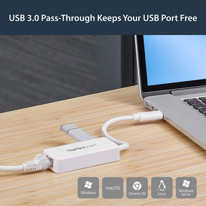 Best Value StarTech.com USB31000SPTW USB 3.0 to Gigabit Ethernet Adapter NIC with USB Port (White), USB 3.0 NIC, 10/100/1000 Mbps USB 3.0 LAN Adapter