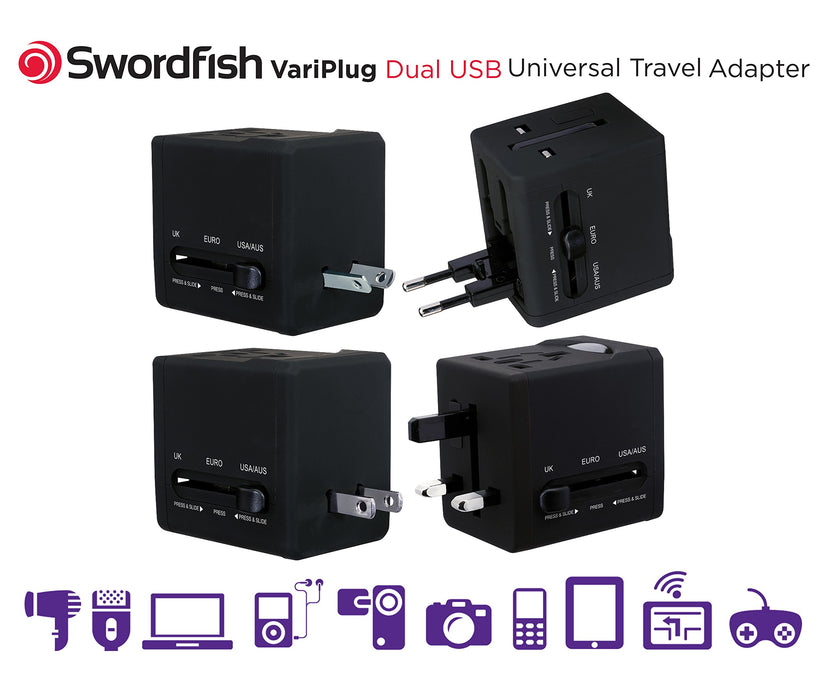 Best Value Swordfish 40249 VariPlug Dual USB Universal Travel Plug Adapter/Charger - Black