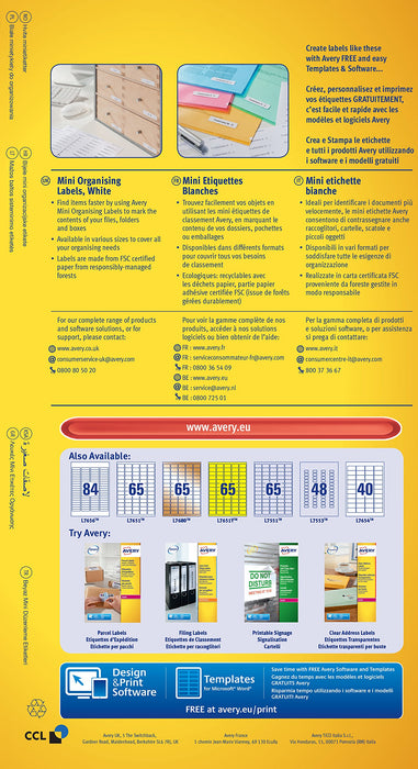 Best Value Avery Self Adhesive Mini Organising Labels, All Printers, 84 Labels Per A4 Sheet, 2100 labels, QuickPEEL (L7656) White