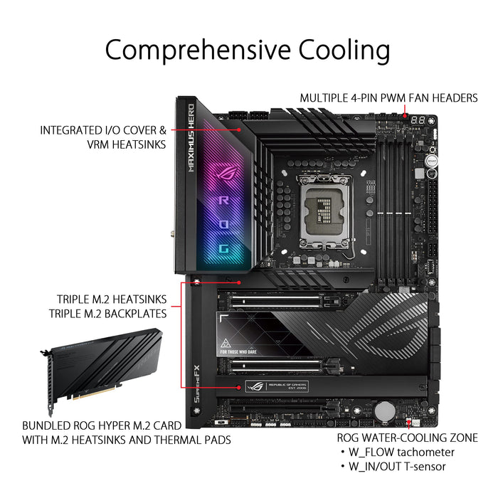 ASUS ROG Maximus Z790 Hero - Motherboard - ATX - LGA1700 Socket - Z790 Chipset - USB 3.2 Gen 1, USB 3.2 Gen 2, USB4, USB-C 3.2 Gen 2x2, USB-C 3.2 Gen 1 - 2.5 Gigabit LAN, Wi-Fi 6, Bluetooth - onboard graphics (CPU required) - HD Audio (8-channel)