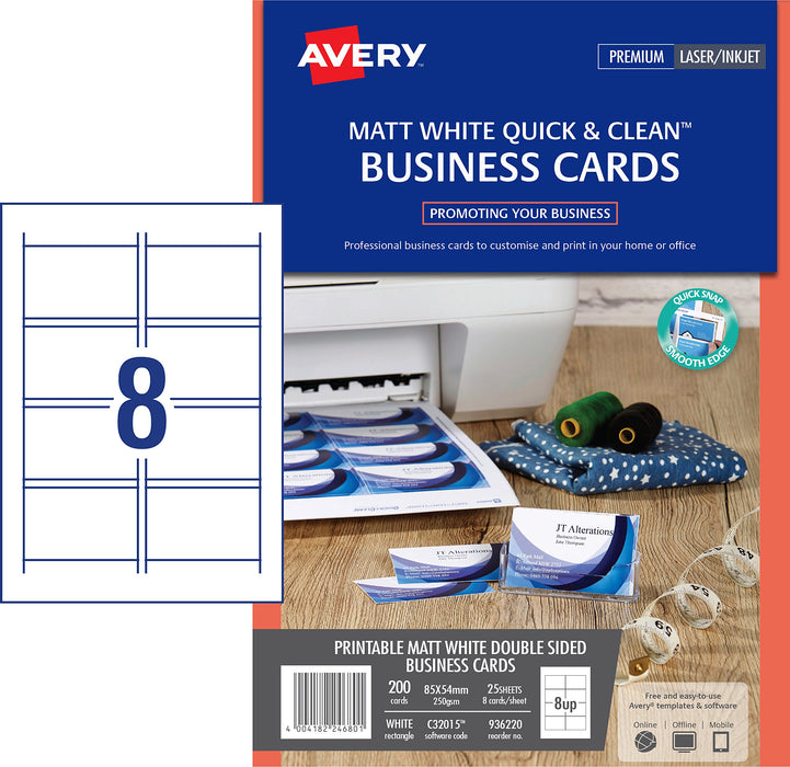 Best Value Avery C32015-25 Double Side Printable Business Cards with Matt Finish, 260 gsm for Inkjet Printers (85 x 54 mm Cards, 8 Cards per A4 Sheet, 25 Sheets per Pack) - Bright White