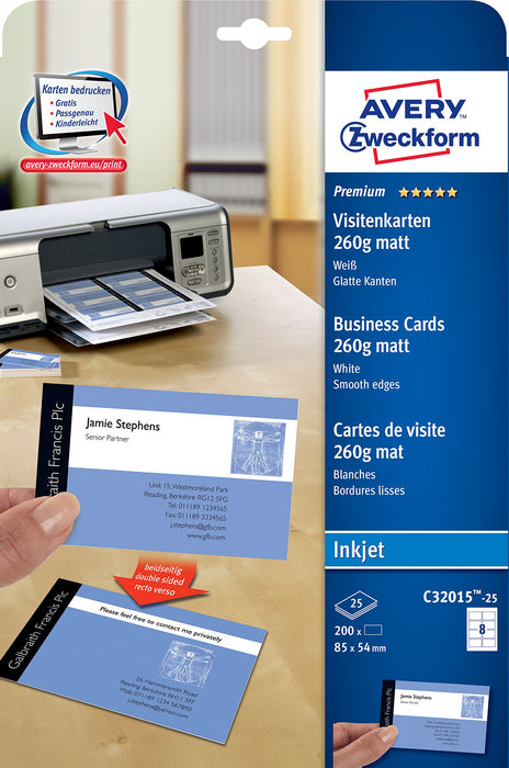 Best Value Avery Zweckform C32015-25 Premium Business Cards Special Inkjet Coating on Both Sides Matte Finish 85 x 54 mm / 25 Sheets / 200 Items