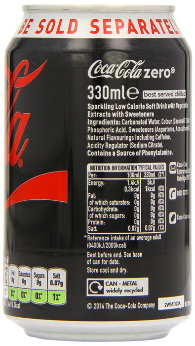 Best Value Coca Cola Zero Can, 330ml (Pack of 6)