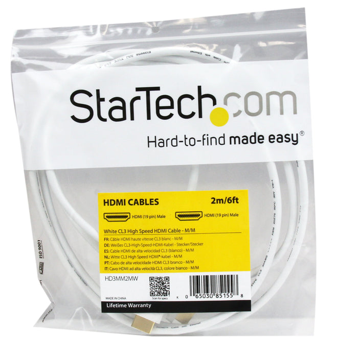 Best Value StarTech.com HD3MM2MW 2 m (6 ft) White CL3 In-wall High Speed HDMI Cable, Ultra HD 4k x 2k HDMI Cable, HDMI to HDMI M/M, Audio/Video, Gold-Plated