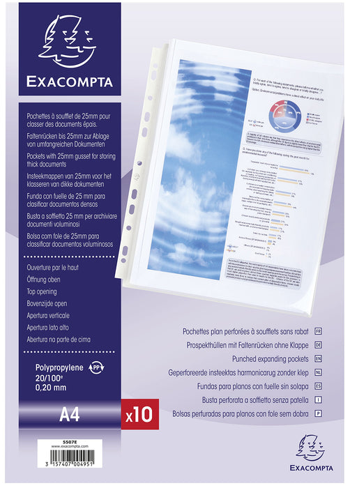 Exacompta Punched Pockets A4 Smooth Transparent 200 microns Polypropylene Up 11 Holes 5507E Pack of 10