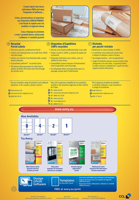 Best Value Avery Self Adhesive Recycled Parcel Shipping Labels, Laser Printers, 8 Labels Per A4 Sheet, 800 labels, QuickPEEL (LR7165) White