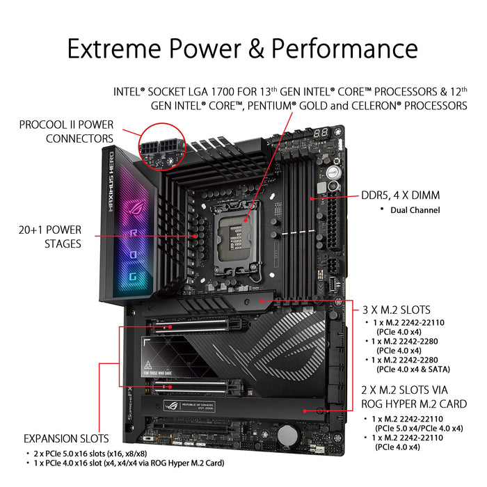 ASUS ROG Maximus Z790 Hero - Motherboard - ATX - LGA1700 Socket - Z790 Chipset - USB 3.2 Gen 1, USB 3.2 Gen 2, USB4, USB-C 3.2 Gen 2x2, USB-C 3.2 Gen 1 - 2.5 Gigabit LAN, Wi-Fi 6, Bluetooth - onboard graphics (CPU required) - HD Audio (8-channel)