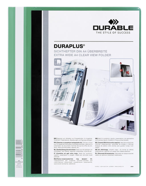 Best Value Durable 2579 A4 Duraplus folder with green back and clear front cover, BOX of 25