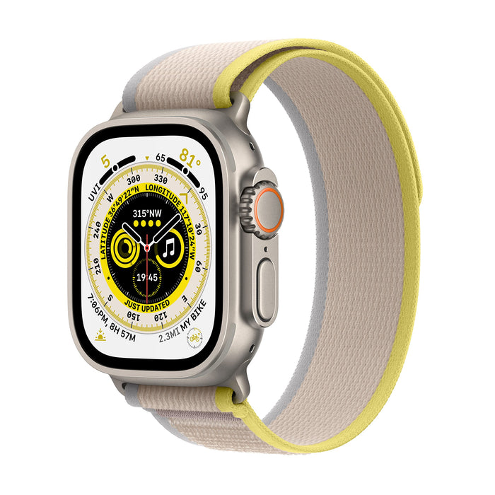 Apple Watch Ultra - 49 mm - titanium - smart watch with Trail Loop - soft double-layer nylon - yellow/beige - band size: M/L - 32 GB - Wi-Fi, LTE, UWB, Bluetooth - 4G - 61.3 g