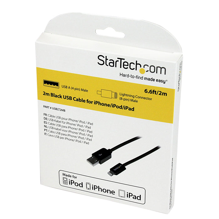 Best Value StarTech.com USBLT2MB 2 m (6 ft) Long Black Apple 8-Pin Lightning Connector to USB Cable for iPhone/iPod/iPad, Charge and Sync Cable