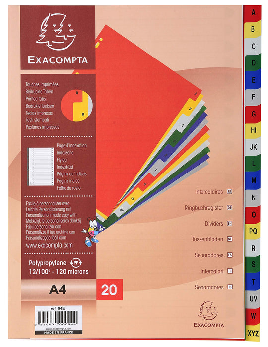 Best Value Exacompta PP Printed Indices, A4, 20 Parts (A-Z) - White with coloured tabs