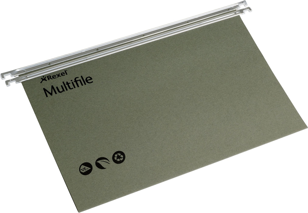 Best Value Rexel 78008 Multifile Foolscap Suspension File, 150 Sheet Capacity, 15 mm V-Base Manilla, Pack of 50, Green