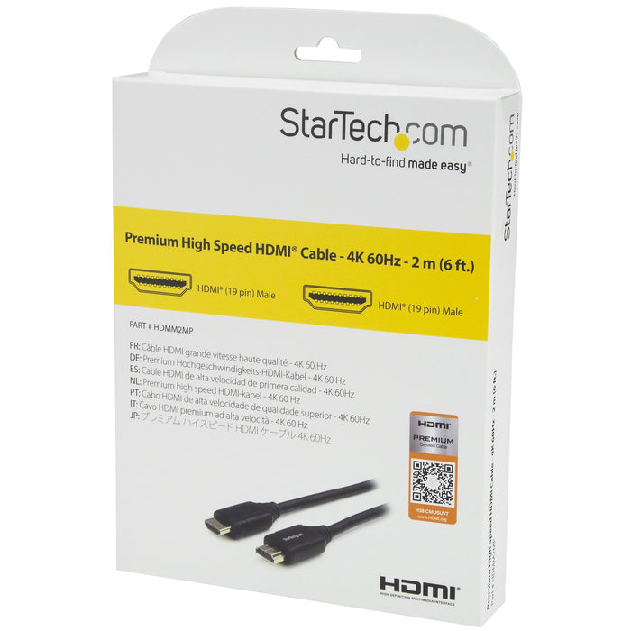 Best Value StarTech.com 2m 6 ft Premium High Speed HDMI Cable with Ethernet - 4K 60Hz - Premium Certified HDMI Cable - HDMI 2.0 - 30AWG