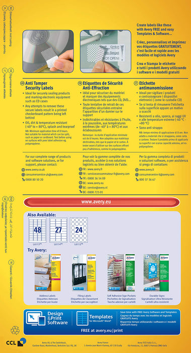 Best Value Avery L6114-20 Anti Tamper Labels (A4 Sheets of 63.5 x 29.6 mm, 27 Labels per Sheet, 20 Sheets) - White