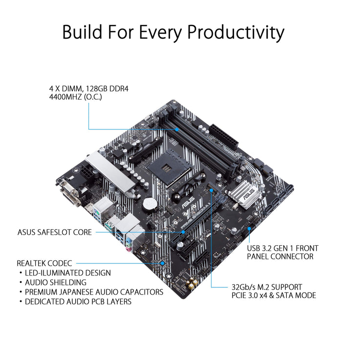 ASUS PRIME B450M-A II - Motherboard - micro ATX - Socket AM4 - AMD B450 Chipset - USB 3.2 Gen 1, USB 3.2 Gen 2 - Gigabit LAN - onboard graphics (CPU required) - HD Audio (8-channel)