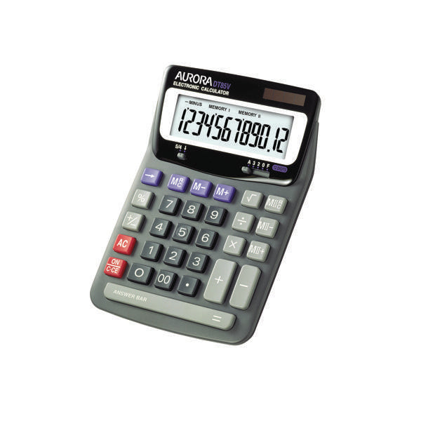 Aurora Grey/Black 12-Digit Desk Calculator (Dual power, solar powered with battery back up) DT85V