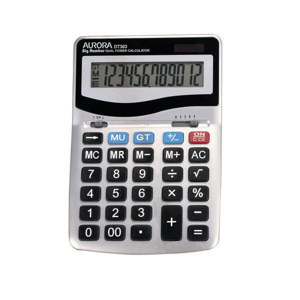 Aurora Grey/Black 12-Digit Desk Calculator (Dual power, solar powered with battery back up) DT303