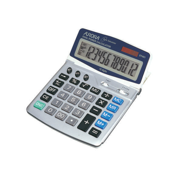 Aurora Silver/Grey 12-Digit Desk Calculator (Solar powered with battery back up) DT401