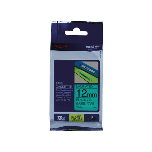 Brother P-Touch 12mm Black on Green TZE731 Labelling Tape TZE731