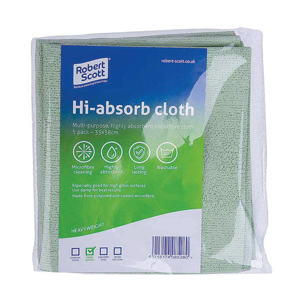 Robert Scott Hi-Absorb Microfibre Cloth Green (Pack of 5) 103986GREEN