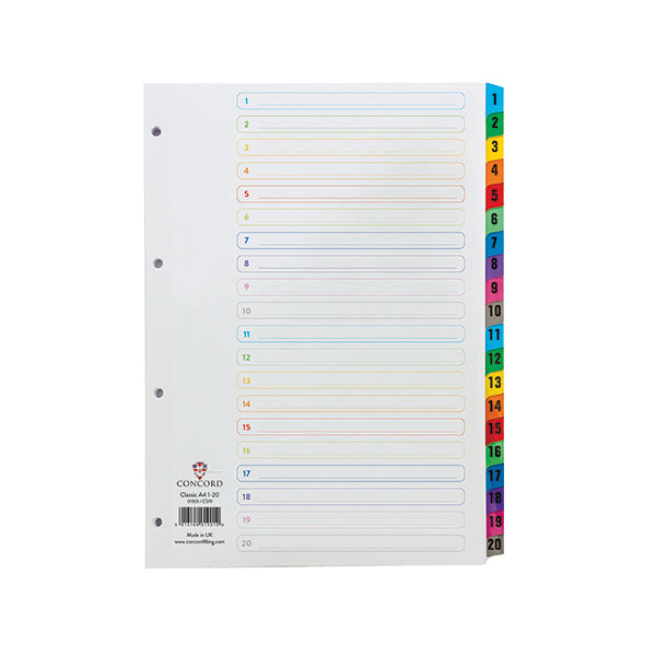 Concord Index 1-20 A4 White with Multicoloured Mylar Tabs 01901/CS19