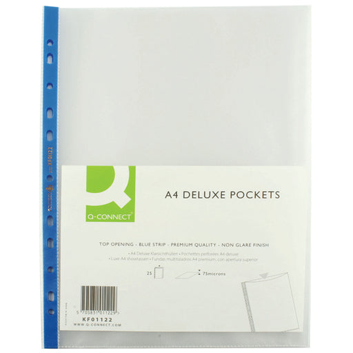 Q-Connect Delux Punched Pocket Top Opening Blue Strip A4 Clear (Pack of 25) KF01122