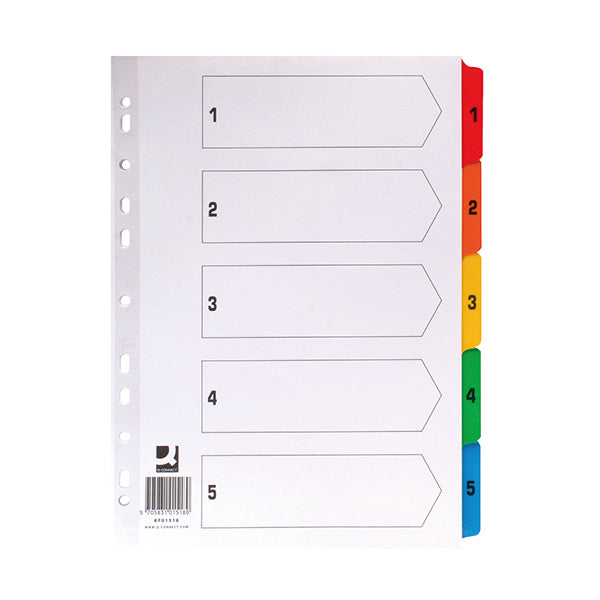 Q-Connect 1-5 Index Multi-punched Reinforced Board Multi-Colour Numbered Tabs A4 White KF01518