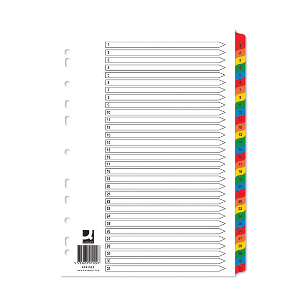 Q-Connect 1-31 Index Multi-punched Reinforced Board Multi-Colour Numbered Tabs A4 White KF01522