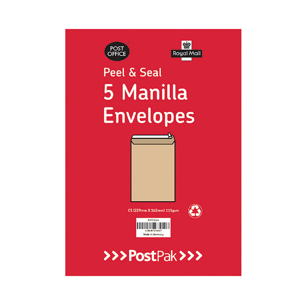 Postpak C4 Peel and Seal Manilla 115gsm 40 Packs of 5 Envelopes 9731119