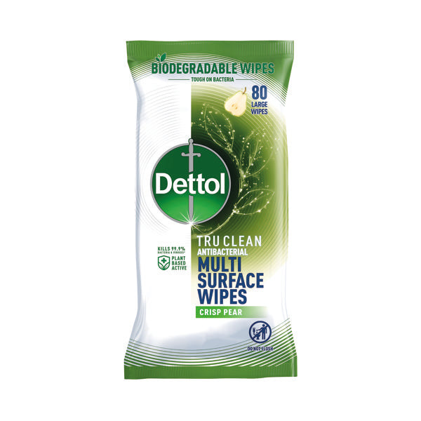 Dettol Biodegradable TruClean Antibacterial Wipes 80 Wipes Crisp Pear (Pack of 4) 3148841