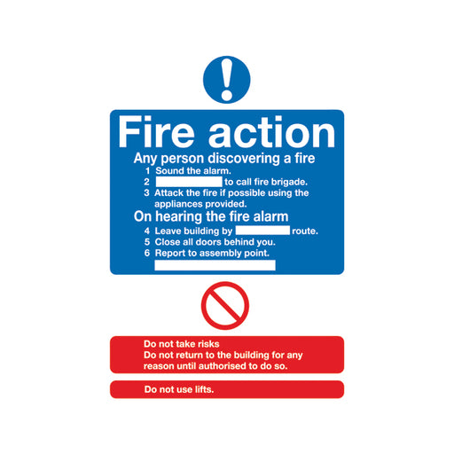 Safety Sign Fire Action Standard A5 PVC (Can fill in site specific information) FR03551R