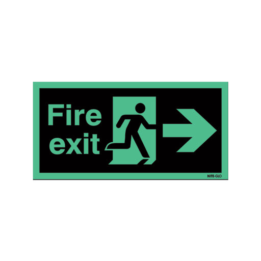 Safety Sign Niteglo Fire Exit Running Man Arrow Right 150x450mm Self-Adhesive NG26A/S