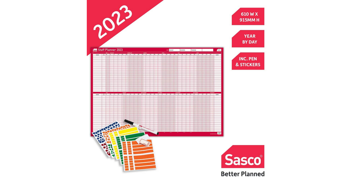 SASCO Personalplaner unmontiert 2023 Querformat Rot Englisch 91,5 x 61 cm