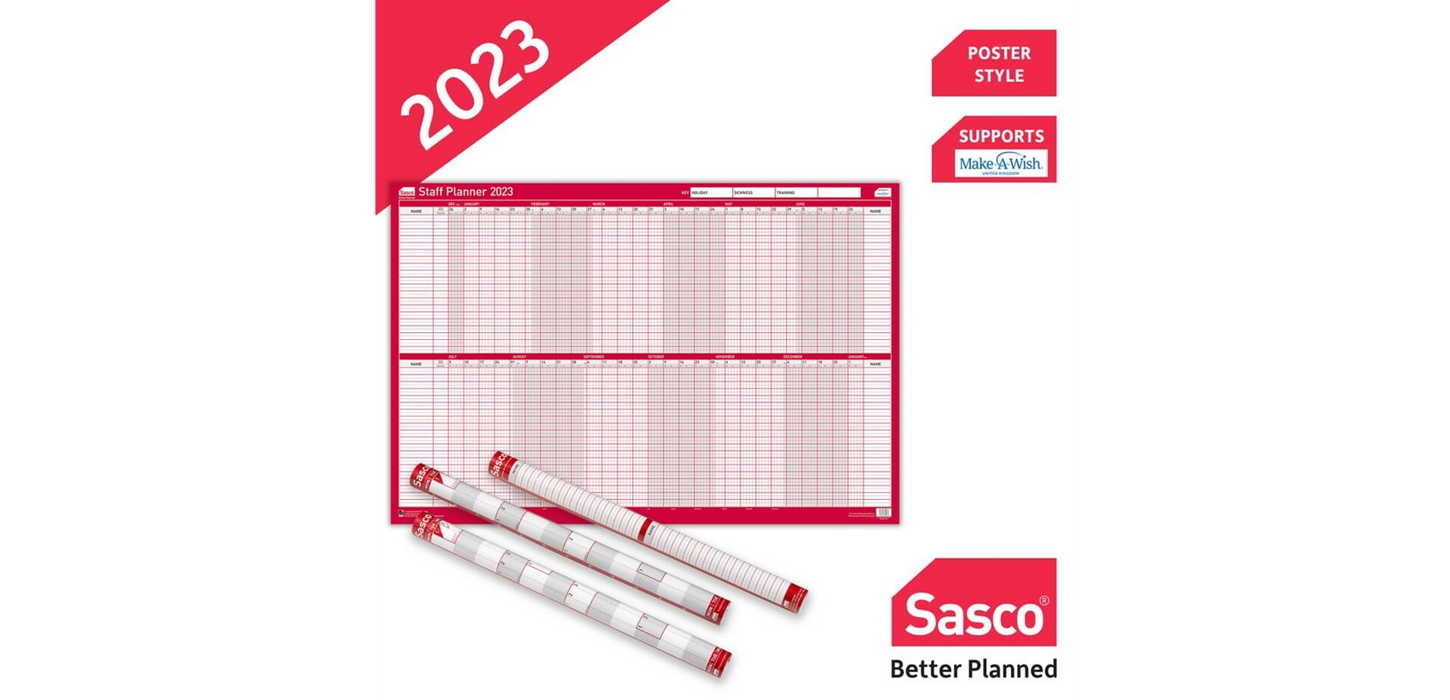 SASCO Personalplaner unmontiert 2023 Querformat Rot Englisch 91,5 x 61 cm