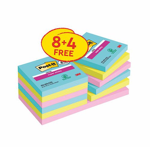 Post-it Super Sticky Notes Cosmic Colour Collection 76 mm x 76 mm 90 Sheets Per Pad (Pack 8 + 4 FREE)  7100259229