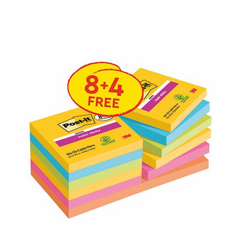 Post-it Super Sticky Notes Carnival Colour Collection 76 mm x 76 mm 90 Sheets per pad (Pack 8 + 4 FREE)  7100259227